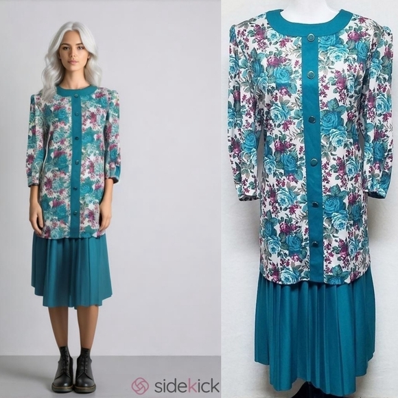 Vintage Dresses & Skirts - 80s Vintage Classic Apparel Teal Cabbage Rose Pleated Quarter Sleeve Midi Dress